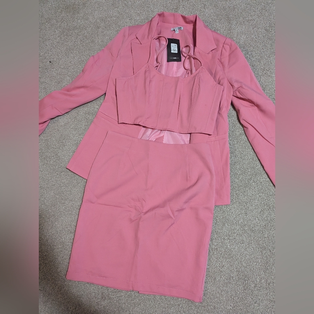 Elegant Pink Blazer, Top And Skirt Set.